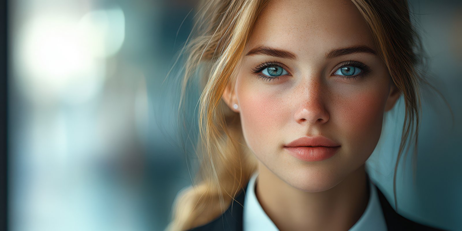 Captivating portrait of a young woman with striking blue eyes and soft features in a stylish outfit